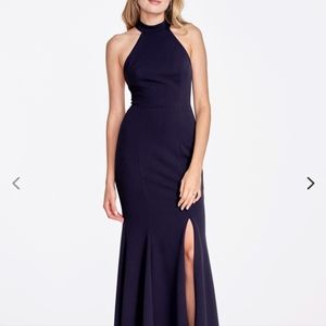 Watters navy halter top gown